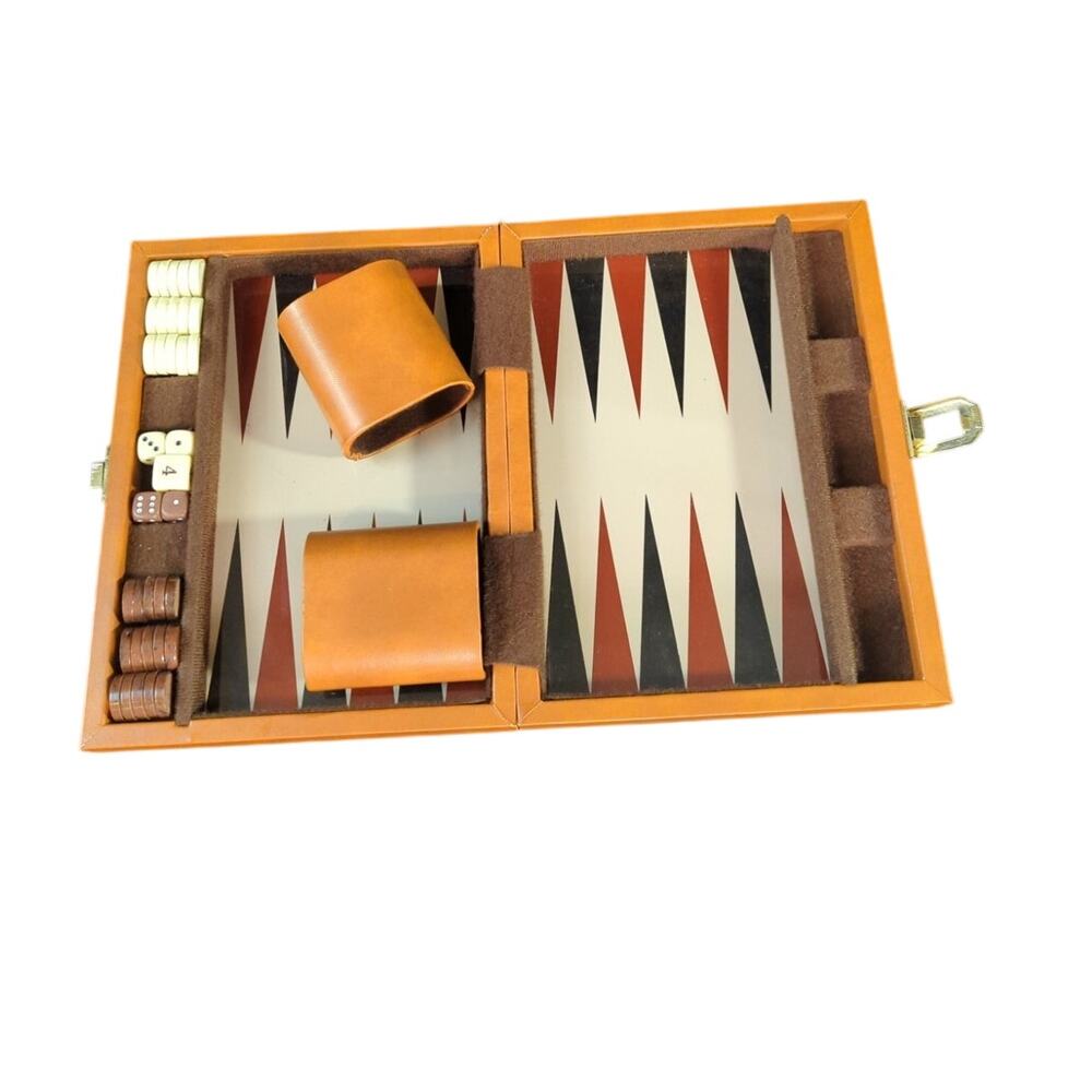 Vintage Travel Size Magnetic Backgammon Game Leatherette Case and Dice Cups